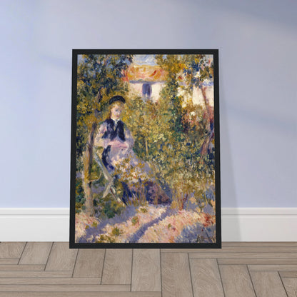 A woman sits in a flower-filled garden, surrounded by loose, colorful brushstrokes.