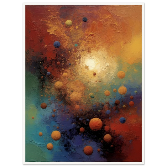 A glowing burst of light at the center of a swirling cosmic field with floating orbs in earthy reds, blues, and orange hues.