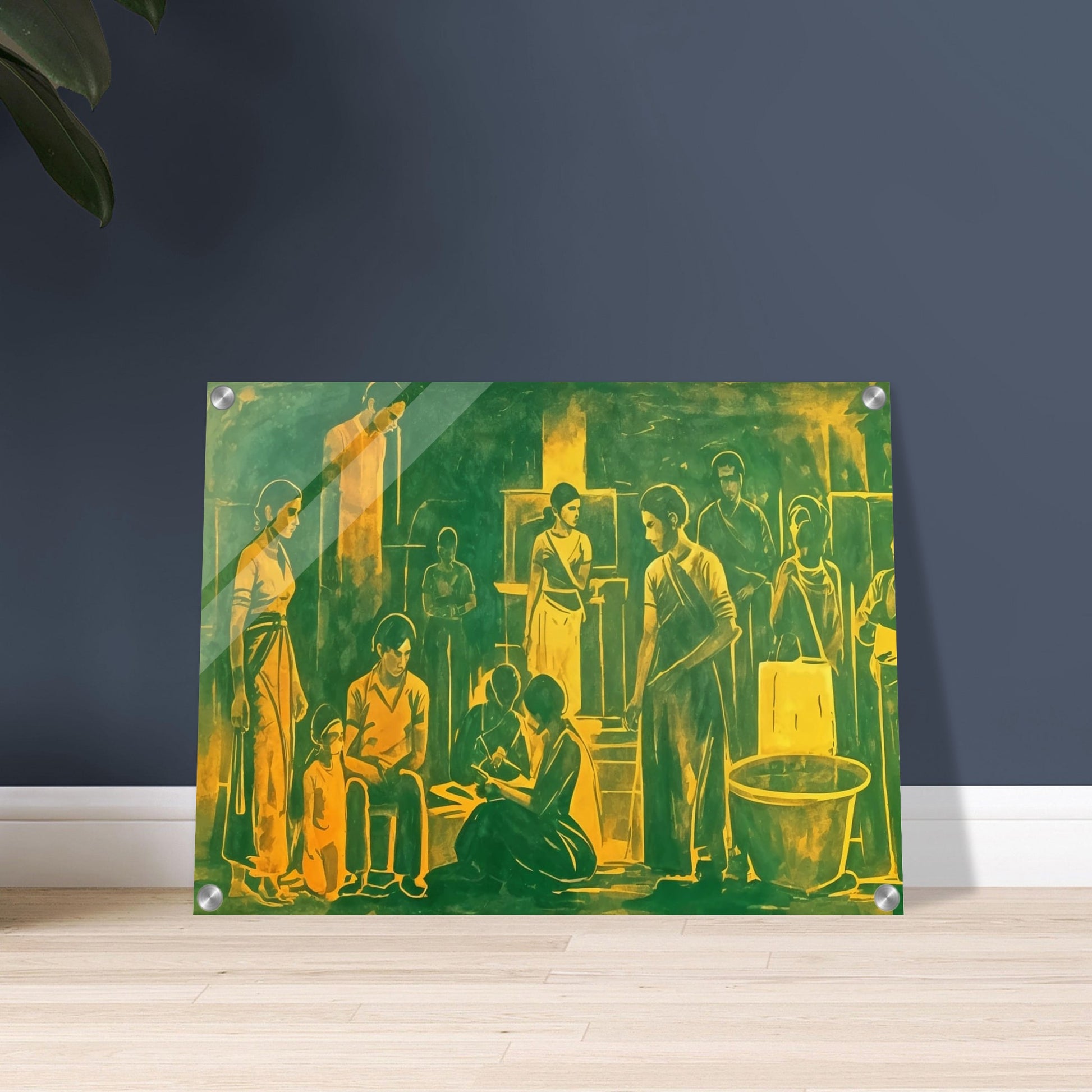 An evocative painting depicting a group of people gathered in a communal space, engaged in various activities. The figures are rendered in warm green and yellow tones, creating a harmonious and unified atmosphere. The scene captures a moment of interaction and shared experience, with each character absorbed in their own task, yet connected to the collective setting. The composition is filled with a sense of quiet strength and unity, highlighting the bonds within the community.