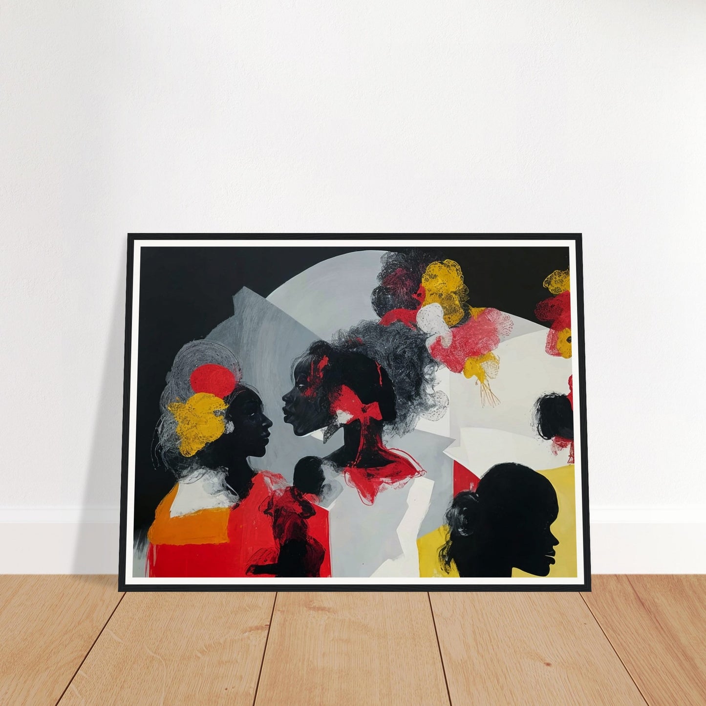 An expressive painting featuring silhouetted profiles of women with colorful abstract accents against a dark background.