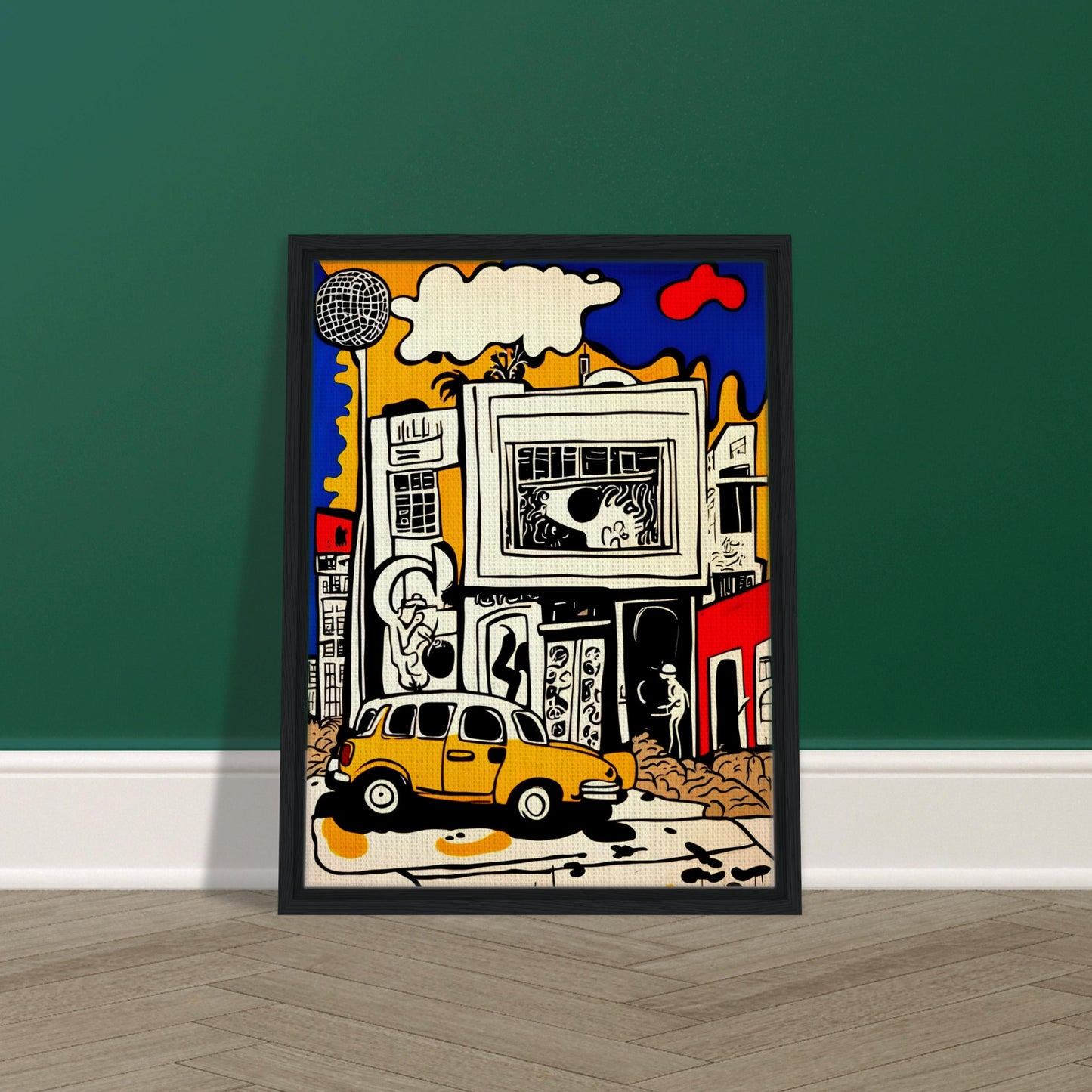 A vibrant city scene with a bold yellow car, abstract buildings, and dynamic urban elements in pop-art style with strong black outlines.