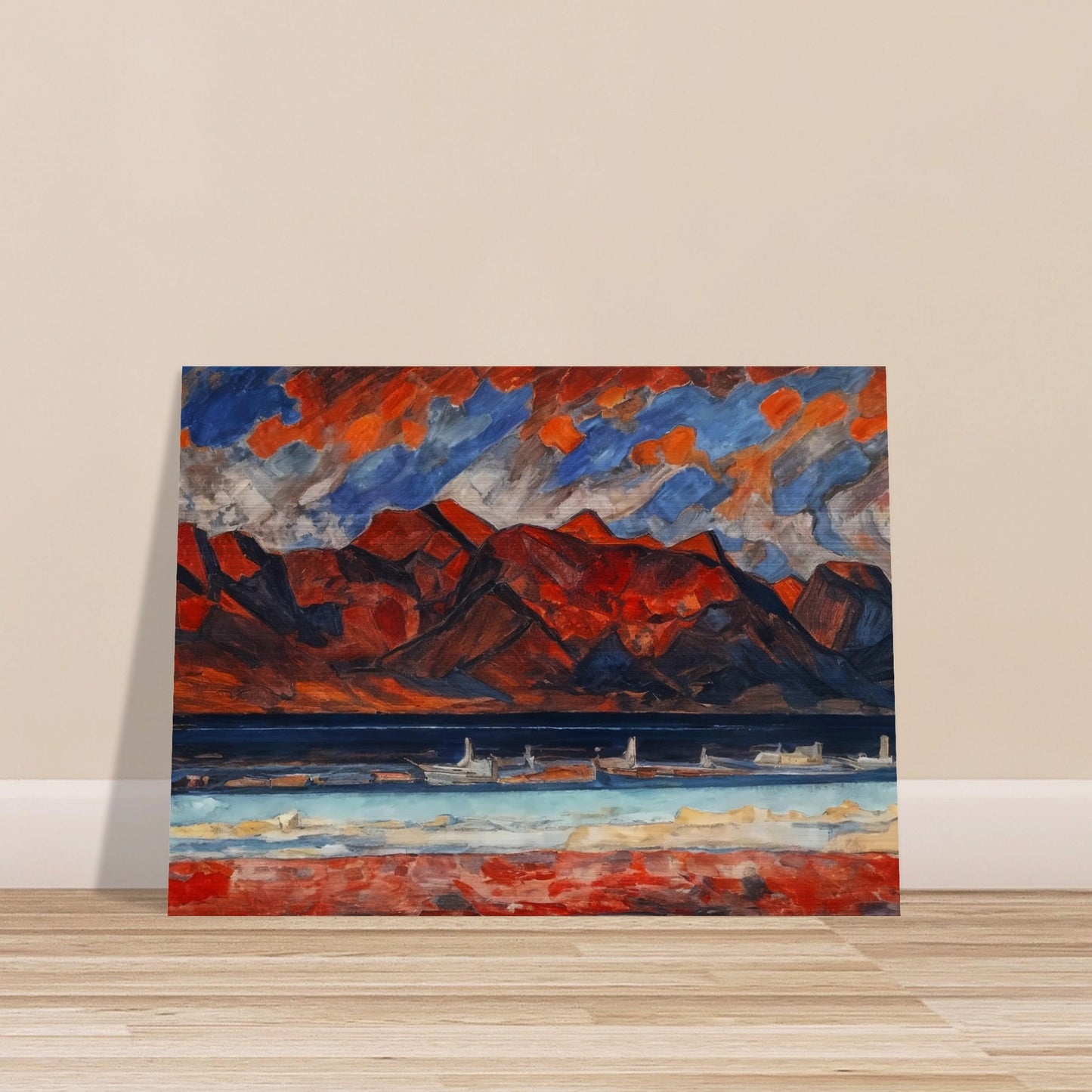 A striking landscape painting with red mountains under a dramatic sky, reflecting vibrant hues in a serene body of water.