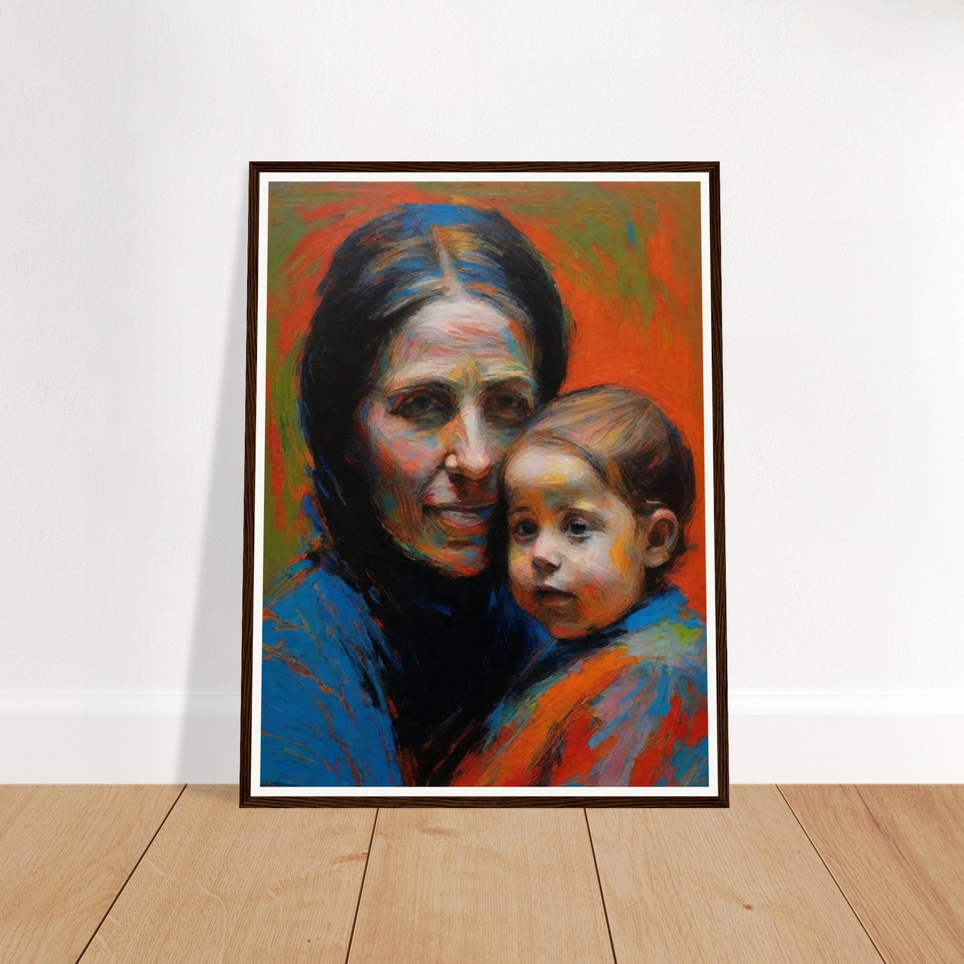 A touching portrait of a mother and child with warm, vibrant colors and expressive brushstrokes.