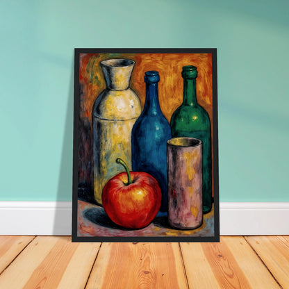 A luminous red apple rests before blue, green, and ivory bottles against a fiery amber backdrop, blending warmth, contrast, and vintage stillness.