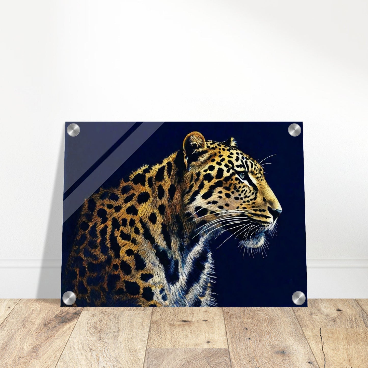 A detailed painting of a leopard against a dark background, showcasing its beautiful spotted coat and intense gaze.