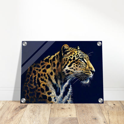 A detailed painting of a leopard against a dark background, showcasing its beautiful spotted coat and intense gaze.