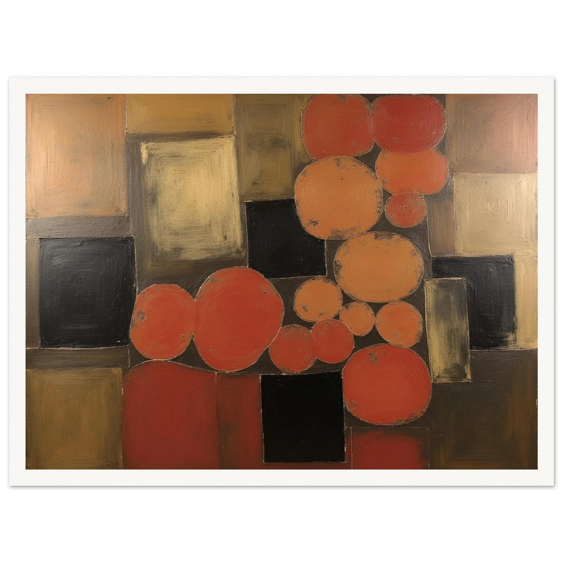 Warm orange and brown circles overlap dark squares in a geometric field, creating a rhythmic balance of earth tones and light.