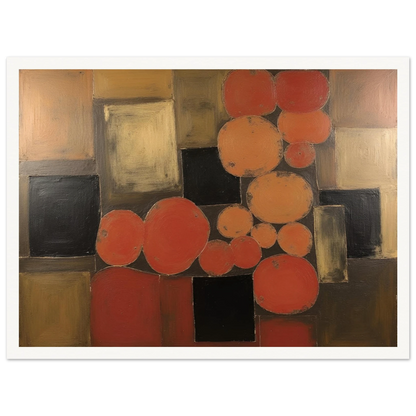 Warm orange and brown circles overlap dark squares in a geometric field, creating a rhythmic balance of earth tones and light.