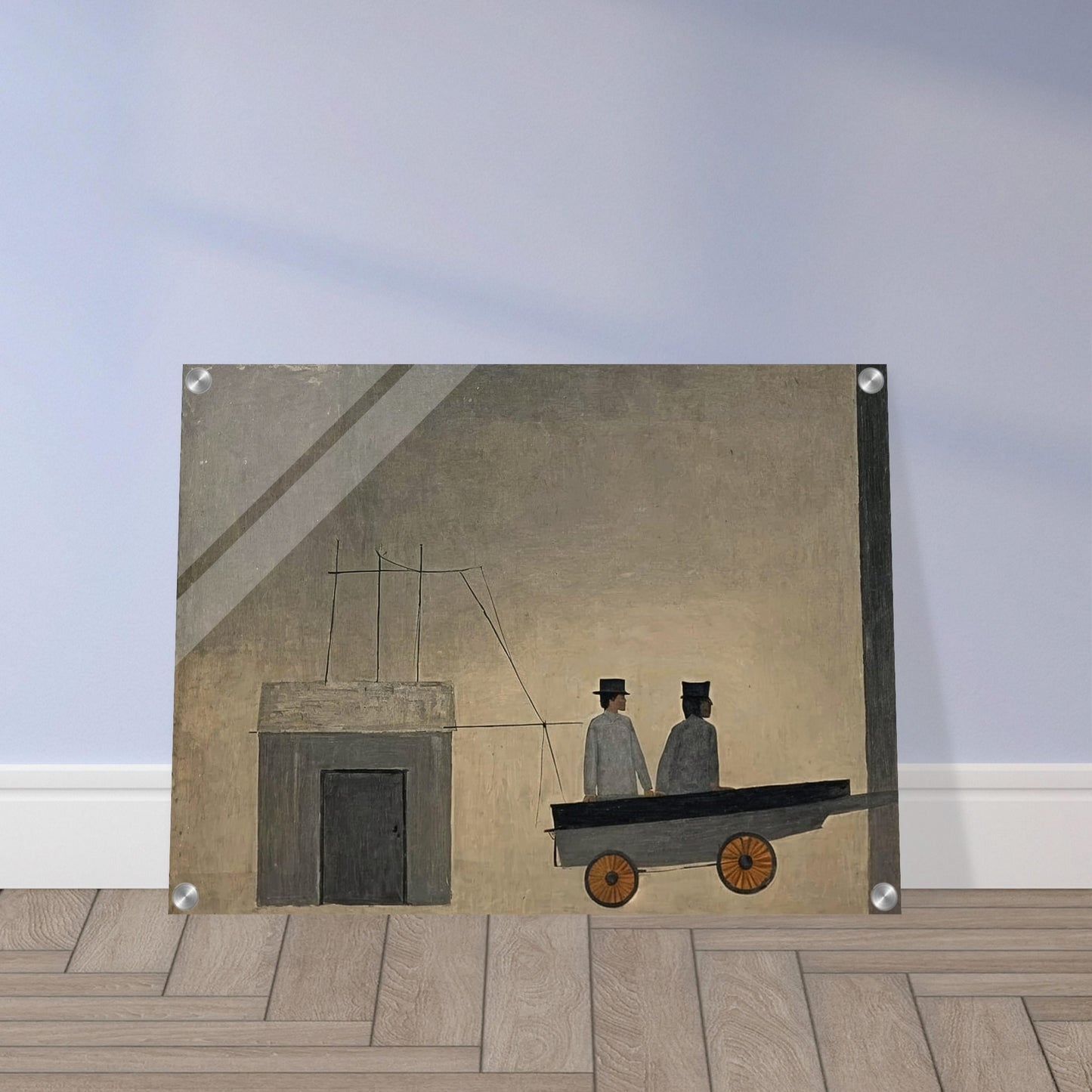 A minimalistic painting depicting two figures in a cart with orange wheels, set against a muted, textured background, creating a sense of mystery.