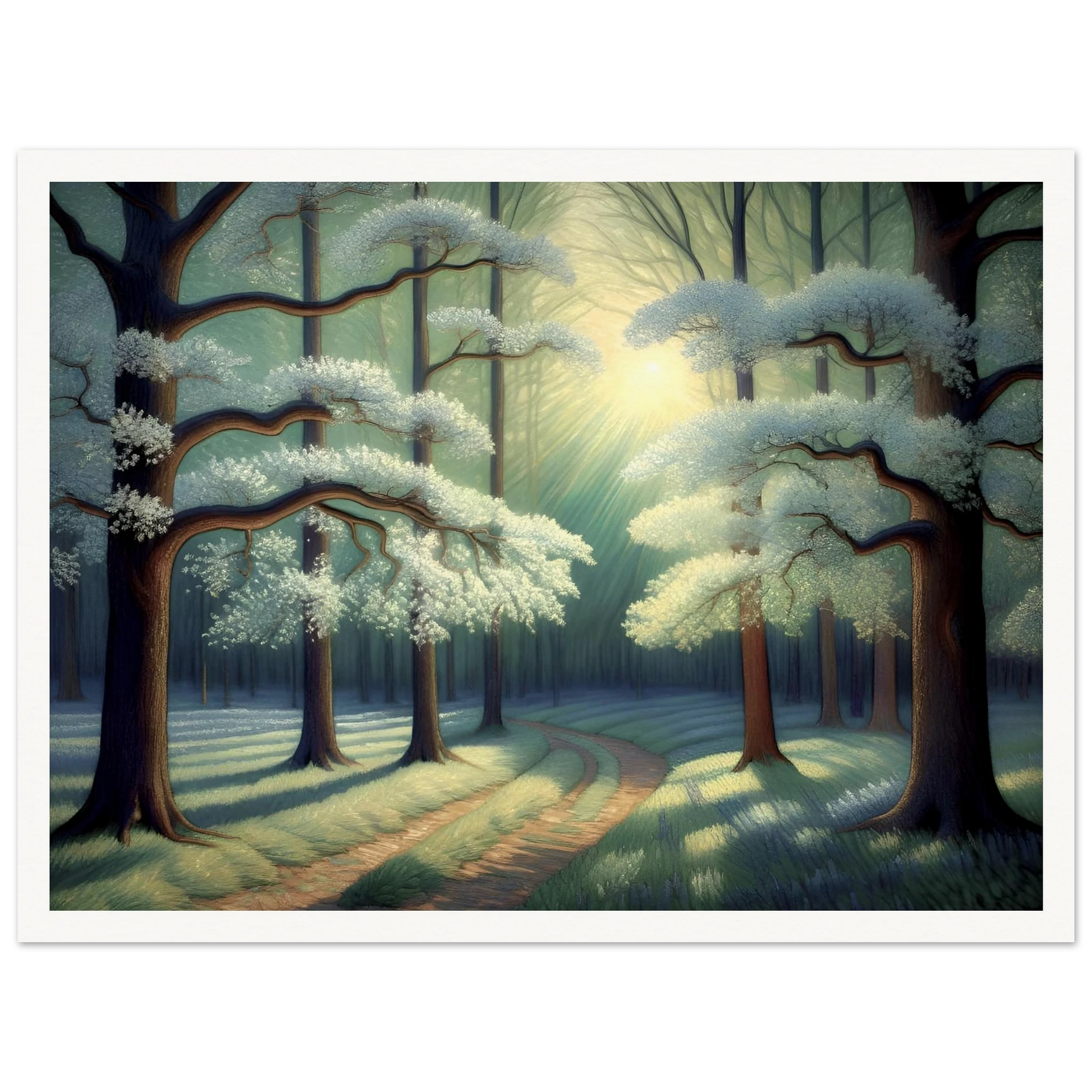 A tranquil forest path curves under flowering trees bathed in morning light, casting soft shadows across mossy ground.