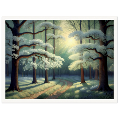 A tranquil forest path curves under flowering trees bathed in morning light, casting soft shadows across mossy ground.