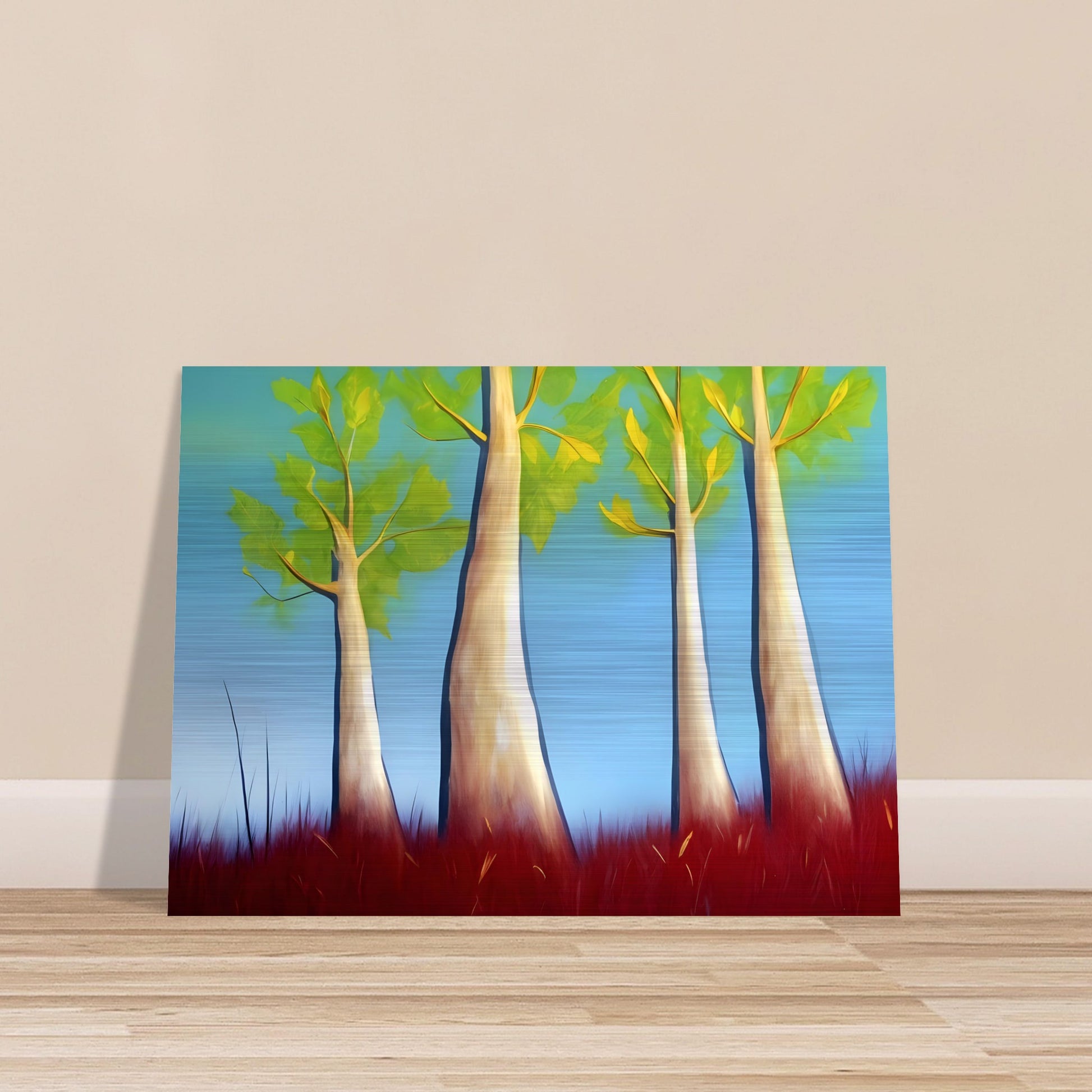 A surreal landscape with tall, slender trees reaching towards a bright blue sky, surrounded by deep red grass and vibrant green leaves.