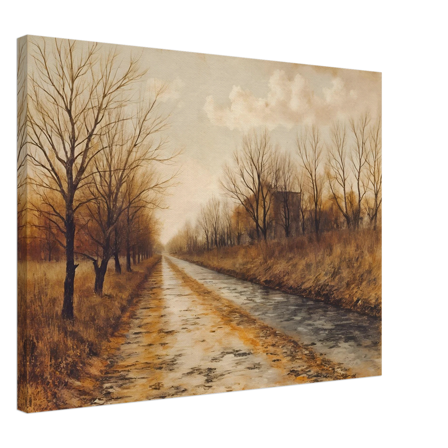 A tranquil autumn road lined with bare trees and golden grass under soft clouds, evoking stillness and quiet reflection.