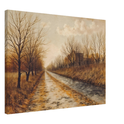 A tranquil autumn road lined with bare trees and golden grass under soft clouds, evoking stillness and quiet reflection.