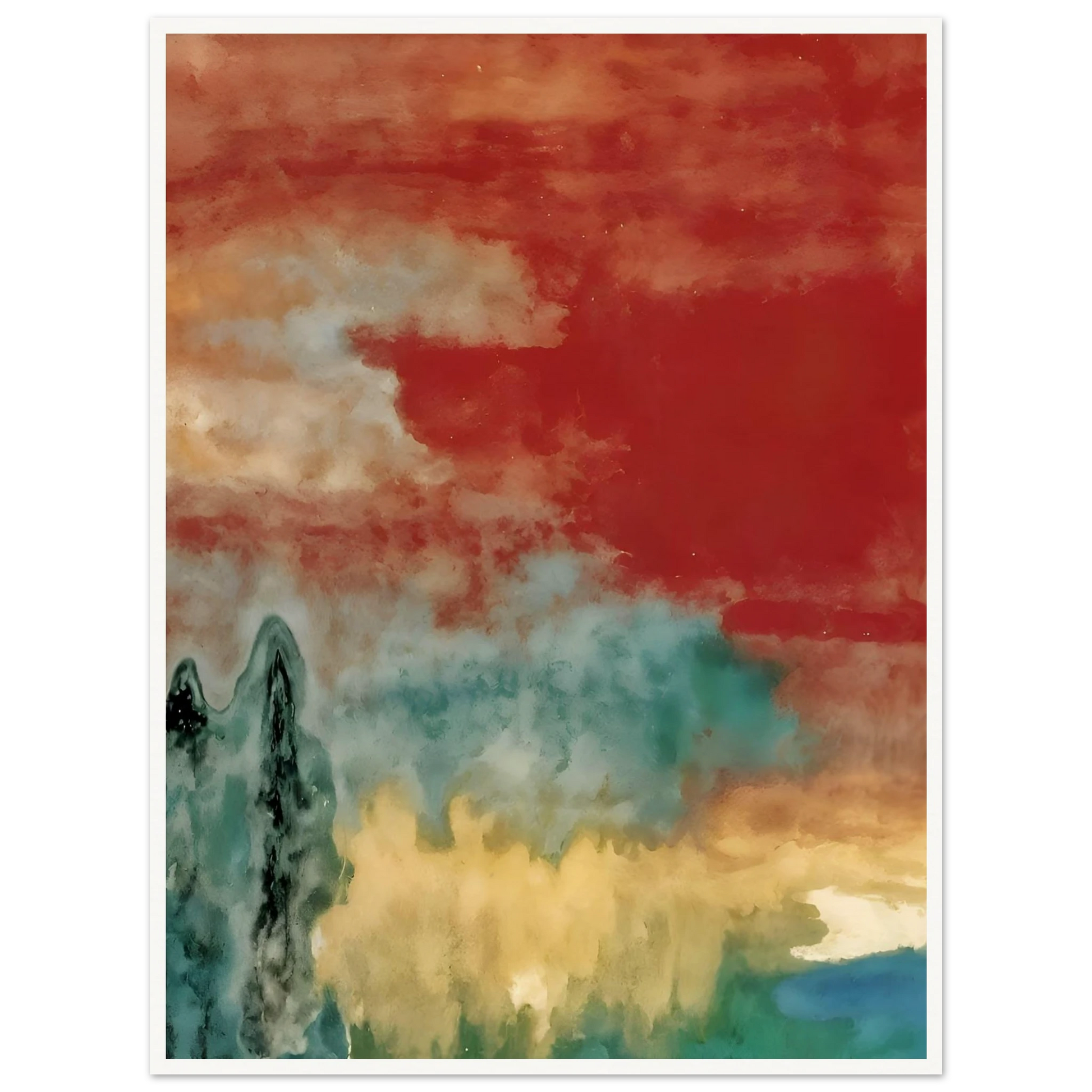 Soft washes of crimson, teal, and ivory drift across a dreamlike landscape with misty forms and distant reflections.