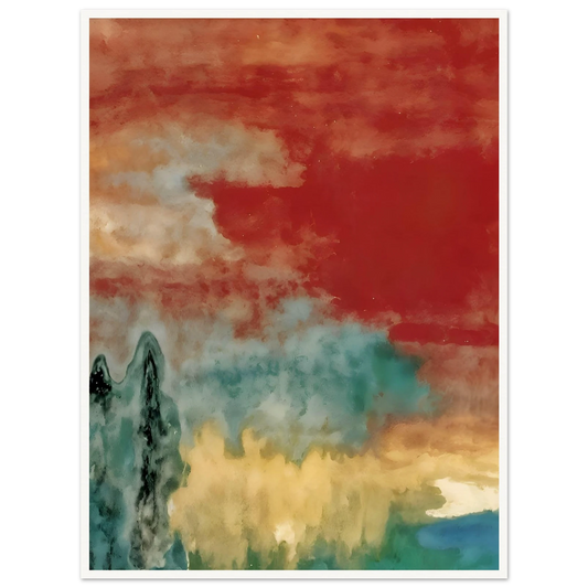 Soft washes of crimson, teal, and ivory drift across a dreamlike landscape with misty forms and distant reflections.