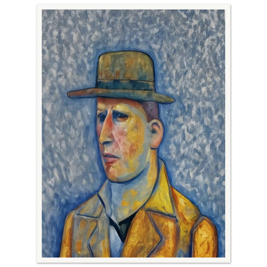 A stylized portrait of a man in a yellow coat and green hat, set against a textured blue background, with a solemn expression on his face.