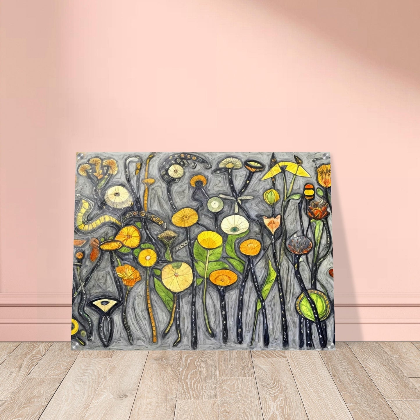 A whimsical painting of abstract flowers and plants in vibrant shades of yellow, orange, and green, set against a textured gray background.