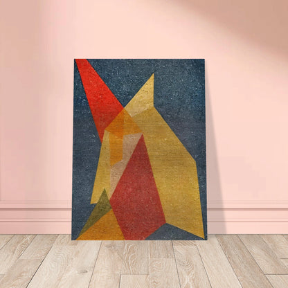 Bold overlapping polygons in red, yellow, and orange intersect over a textured navy background, evoking fiery movement and tension.