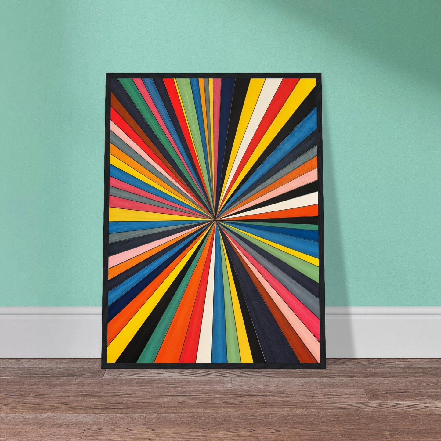 Dynamic explosion of multicolored rays converges at a central point, creating a bold visual of energy, motion, and vibrant perspective.
