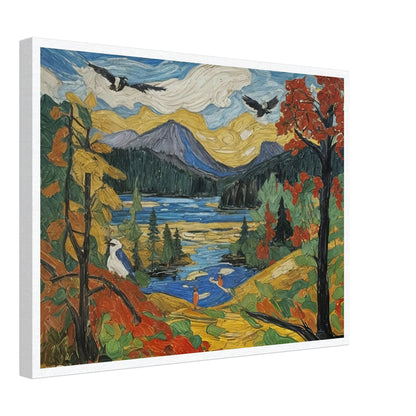 "A colorful autumn landscape featuring a mountain lake, vibrant trees, birds in flight, and a serene nature scene under a golden sky."