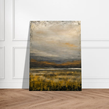 A tranquil landscape featuring golden marsh grasses beneath a vast gray sky, with distant hills and reflective water creating a calm, atmospheric scene.