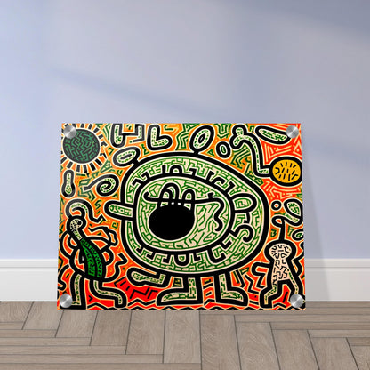 A graffiti-inspired digital artwork featuring a large green eye-like figure surrounded by bold black outlines, intricate patterns, and vibrant neon hues of green, red, and orange.