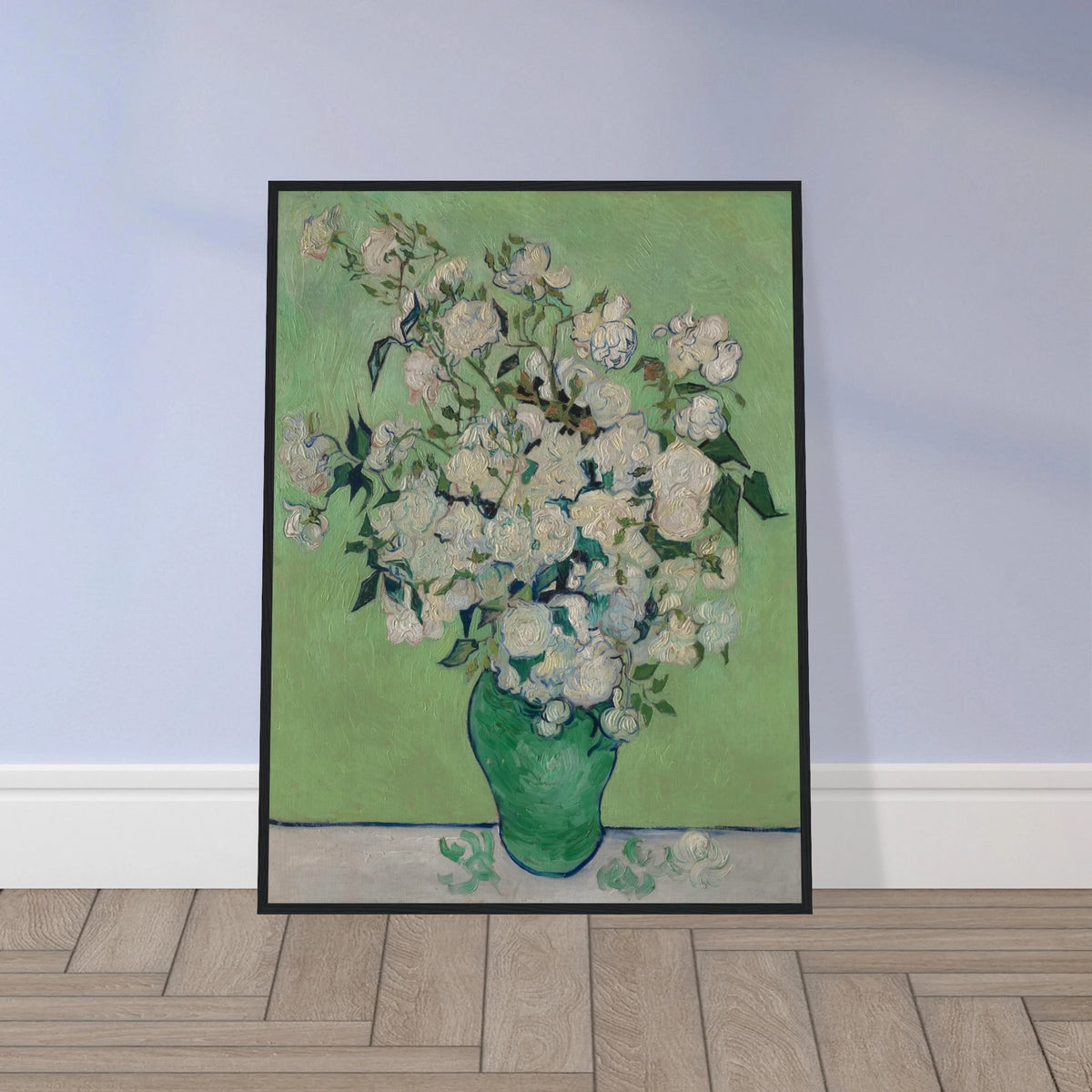 White roses bloom in a green vase against a pale green background with thick brushwork.