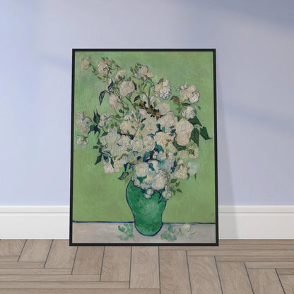 White roses bloom in a green vase against a pale green background with thick brushwork.