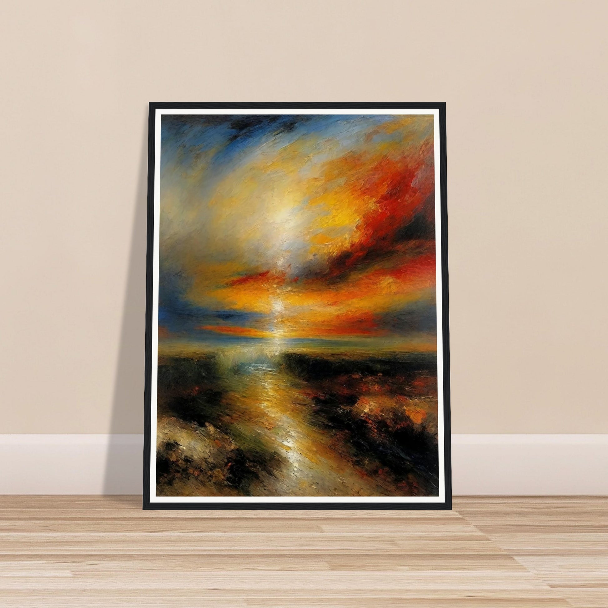 A vibrant painting capturing a dramatic sunset over a landscape. The sky is filled with intense hues of orange, red, and blue, blending seamlessly as the sun descends, casting a warm glow over the water below.