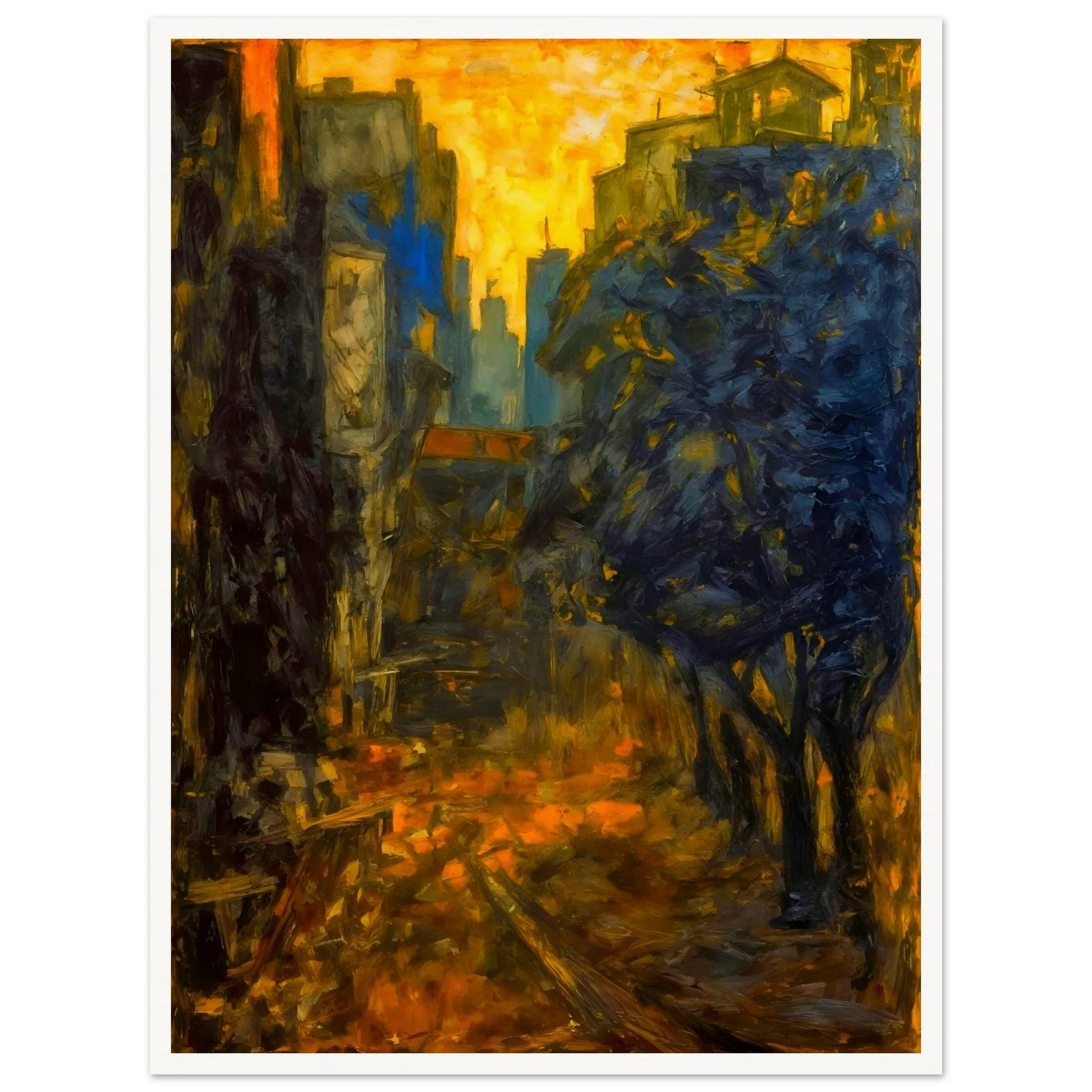 A dramatic expressionist cityscape depicting a narrow urban street framed by dark blue and black structures, illuminated by a glowing golden sky and fiery reflections along the ground.