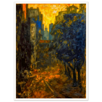 A dramatic expressionist cityscape depicting a narrow urban street framed by dark blue and black structures, illuminated by a glowing golden sky and fiery reflections along the ground.