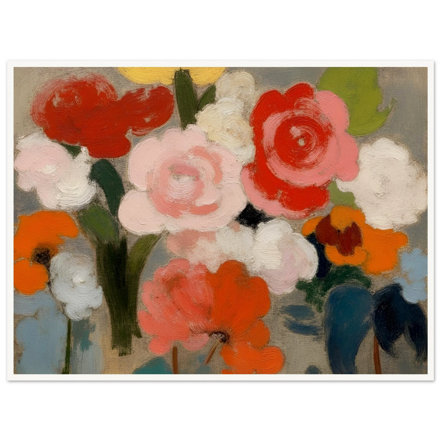 An expressive floral painting featuring large pink, red, white, and orange blossoms with soft green foliage against a muted gray background, rendered in broad painterly brushstrokes.