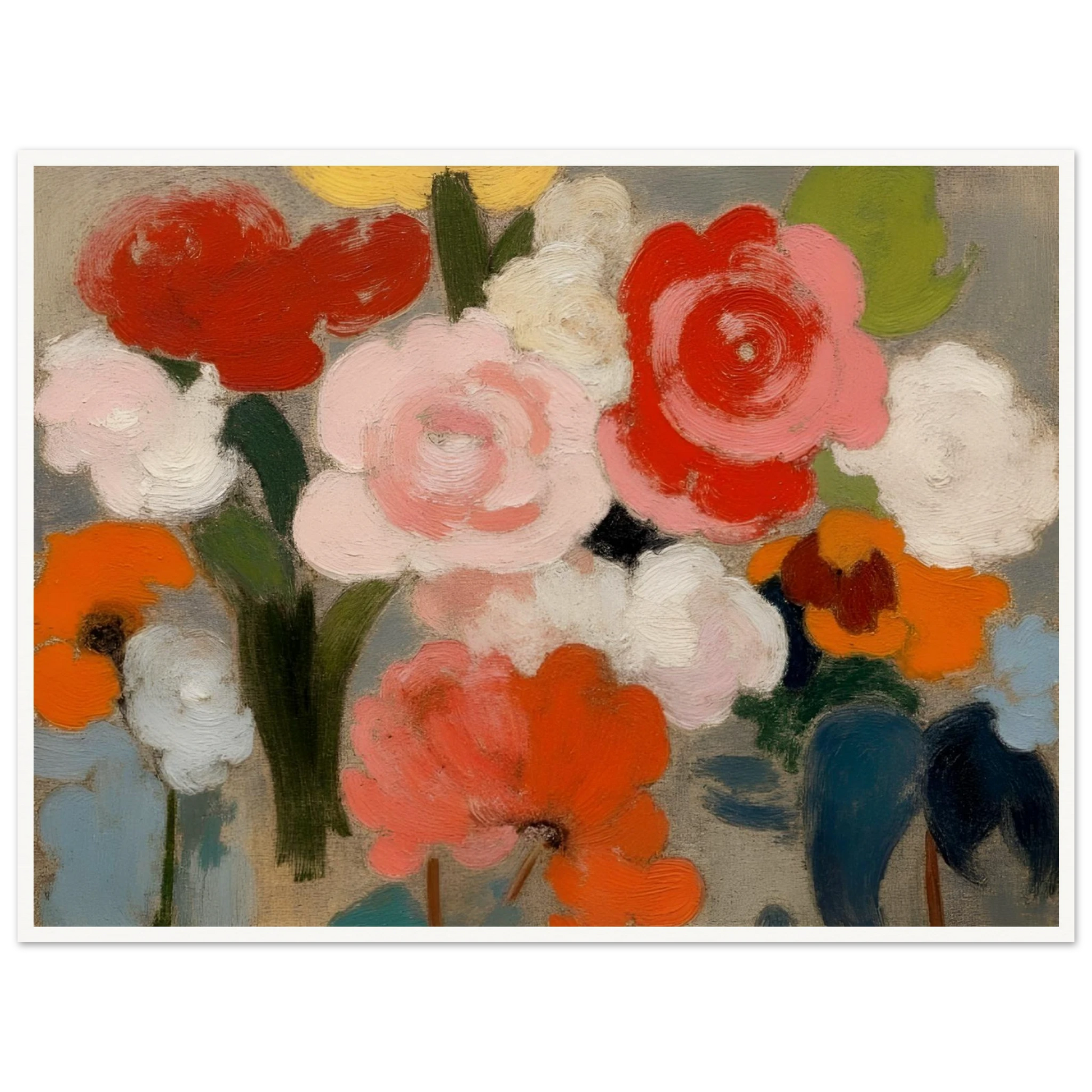 An expressive floral painting featuring large pink, red, white, and orange blossoms with soft green foliage against a muted gray background, rendered in broad painterly brushstrokes.