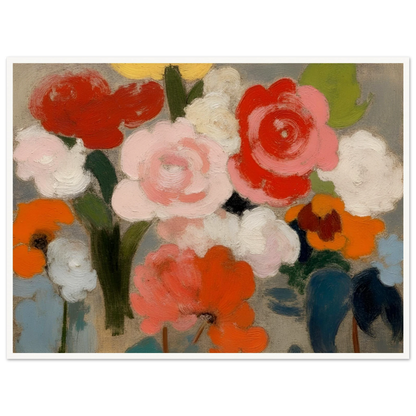 An expressive floral painting featuring large pink, red, white, and orange blossoms with soft green foliage against a muted gray background, rendered in broad painterly brushstrokes.