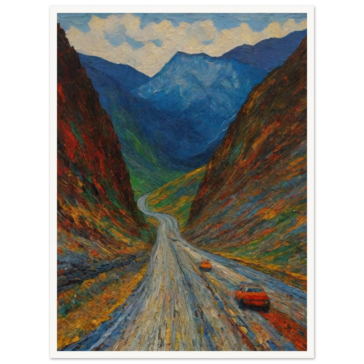 A vivid painting depicting a winding road through a colorful, mountainous landscape with two orange cars traveling along it.