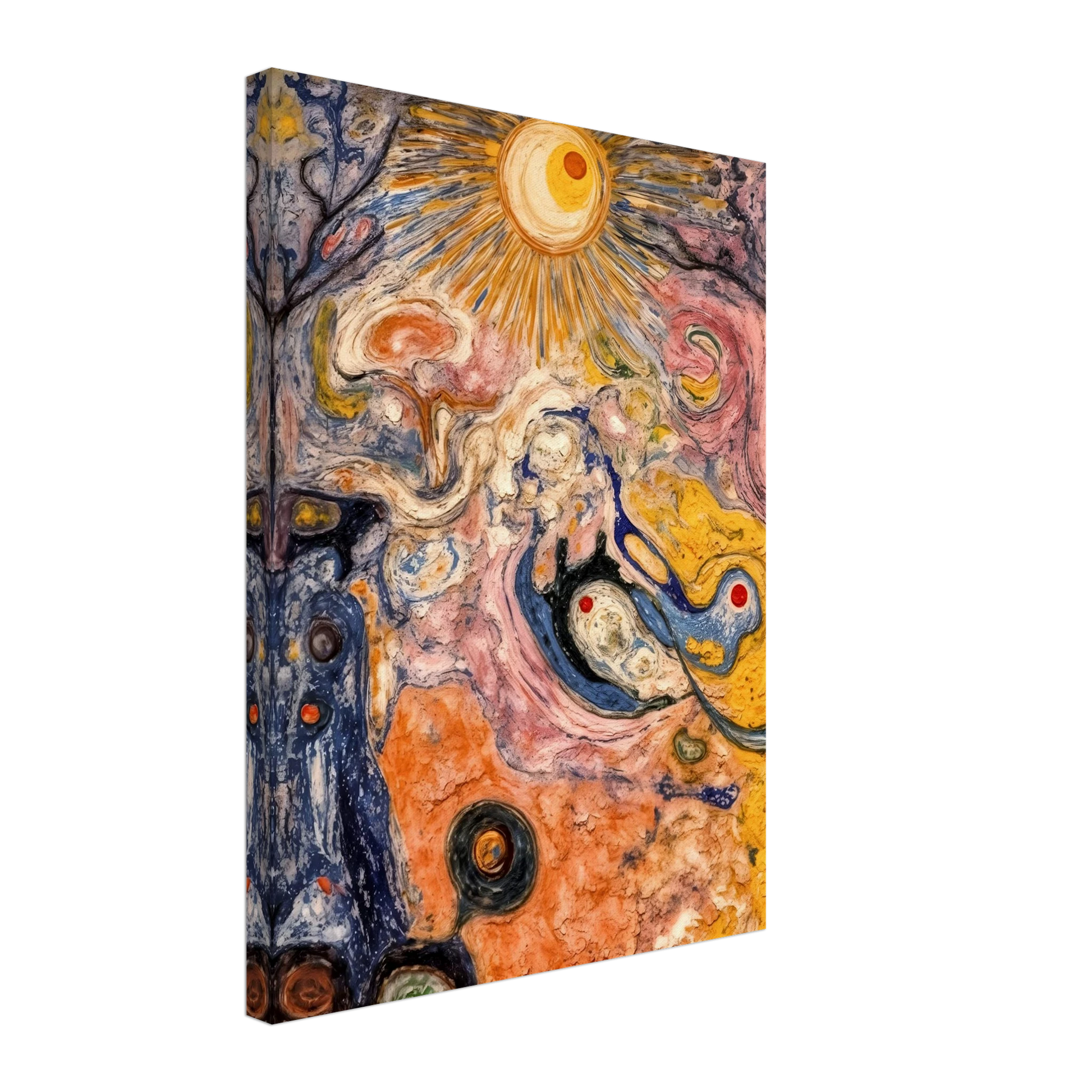 An abstract cosmic-inspired painting featuring a radiant sunburst at the top, swirling organic forms, flowing textures, and vibrant hues of gold, pink, blue, cream, and black that evoke a dreamlike universe in motion.