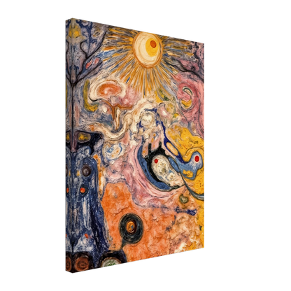 An abstract cosmic-inspired painting featuring a radiant sunburst at the top, swirling organic forms, flowing textures, and vibrant hues of gold, pink, blue, cream, and black that evoke a dreamlike universe in motion.