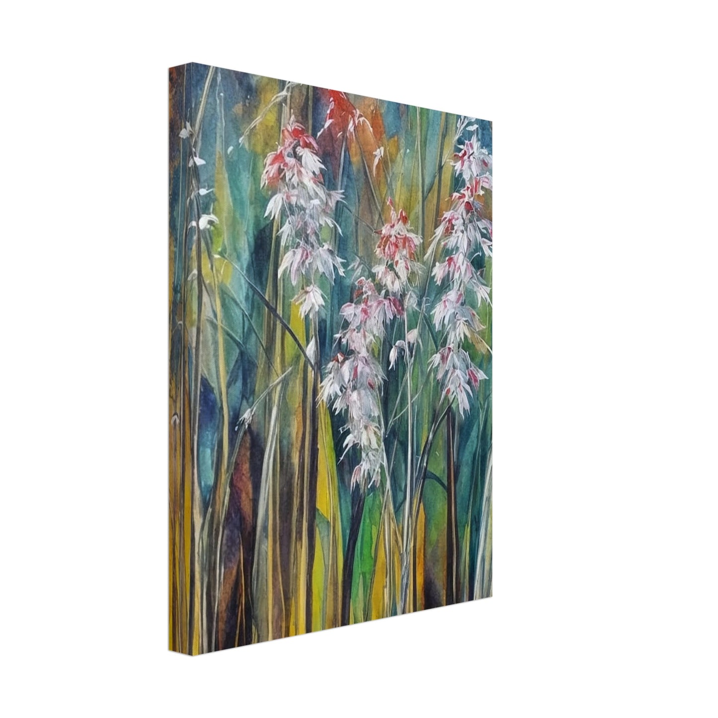 Delicate white and red wildflowers rise among tall, slender grasses, set against a softly textured background of green, blue, and golden hues.