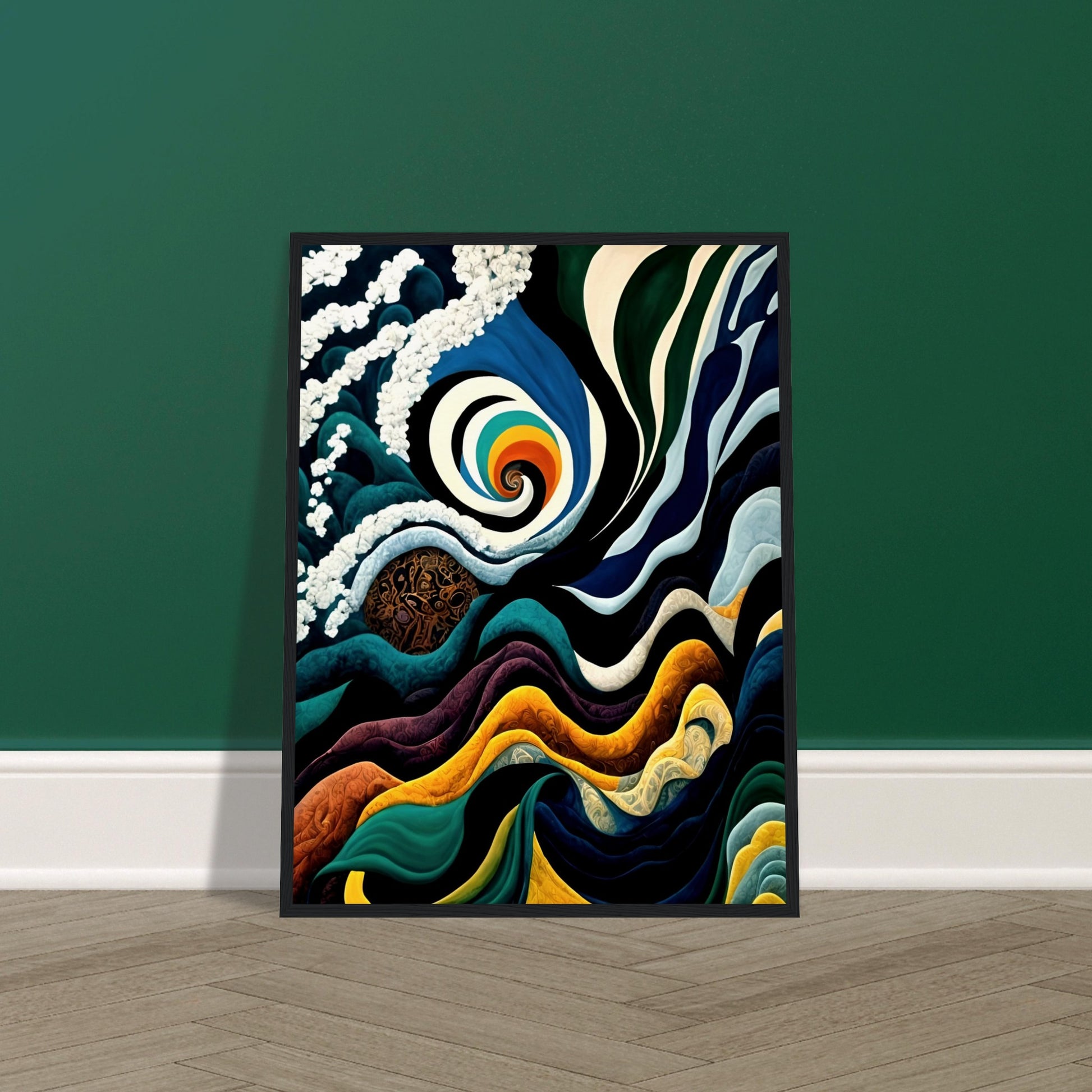 A mesmerizing painting of swirling waves, a spiraling rainbow vortex, and cosmic elements, blending deep blues, golds, and intricate patterns.