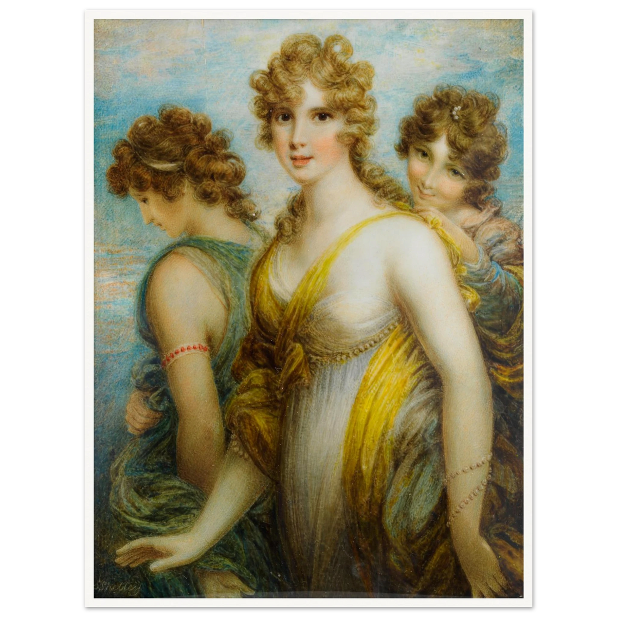 Three classical women in flowing drapery pose together against a soft blue sky.