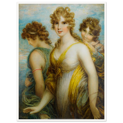 Three classical women in flowing drapery pose together against a soft blue sky.