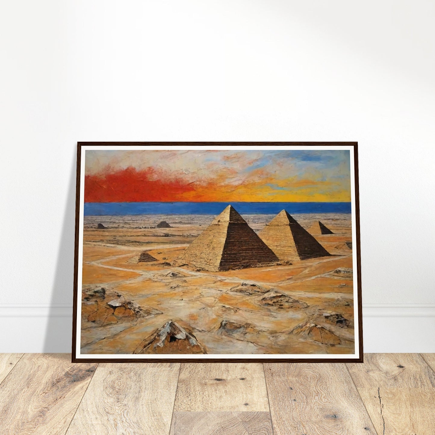 "A dramatic painting of the pyramids in Egypt, set against a vibrant sunset sky with rich shades of red, orange, and blue, highlighting the vast desert landscape."