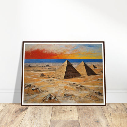 "A dramatic painting of the pyramids in Egypt, set against a vibrant sunset sky with rich shades of red, orange, and blue, highlighting the vast desert landscape."