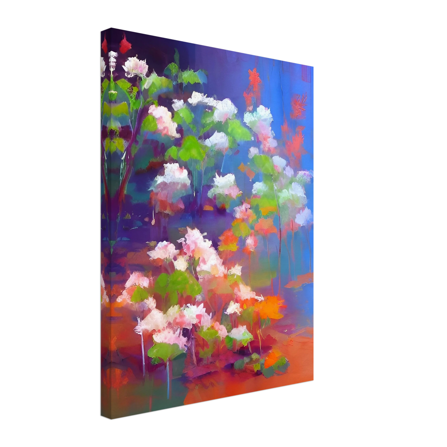A vibrant floral composition featuring soft pink and white blossoms with bright green leaves, illuminated against a luminous blue and violet background in an expressive contemporary style.