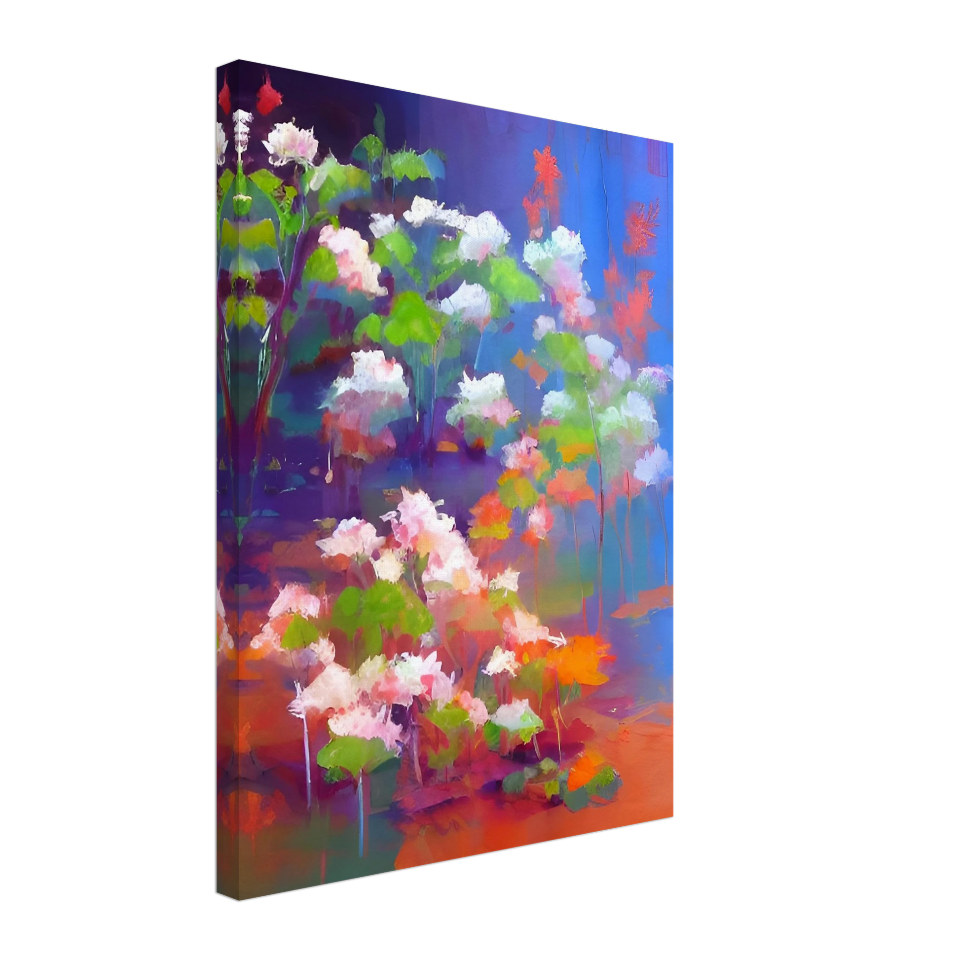 A vibrant floral composition featuring soft pink and white blossoms with bright green leaves, illuminated against a luminous blue and violet background in an expressive contemporary style.