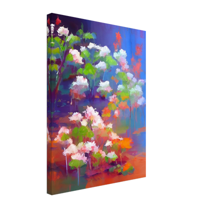 A vibrant floral composition featuring soft pink and white blossoms with bright green leaves, illuminated against a luminous blue and violet background in an expressive contemporary style.