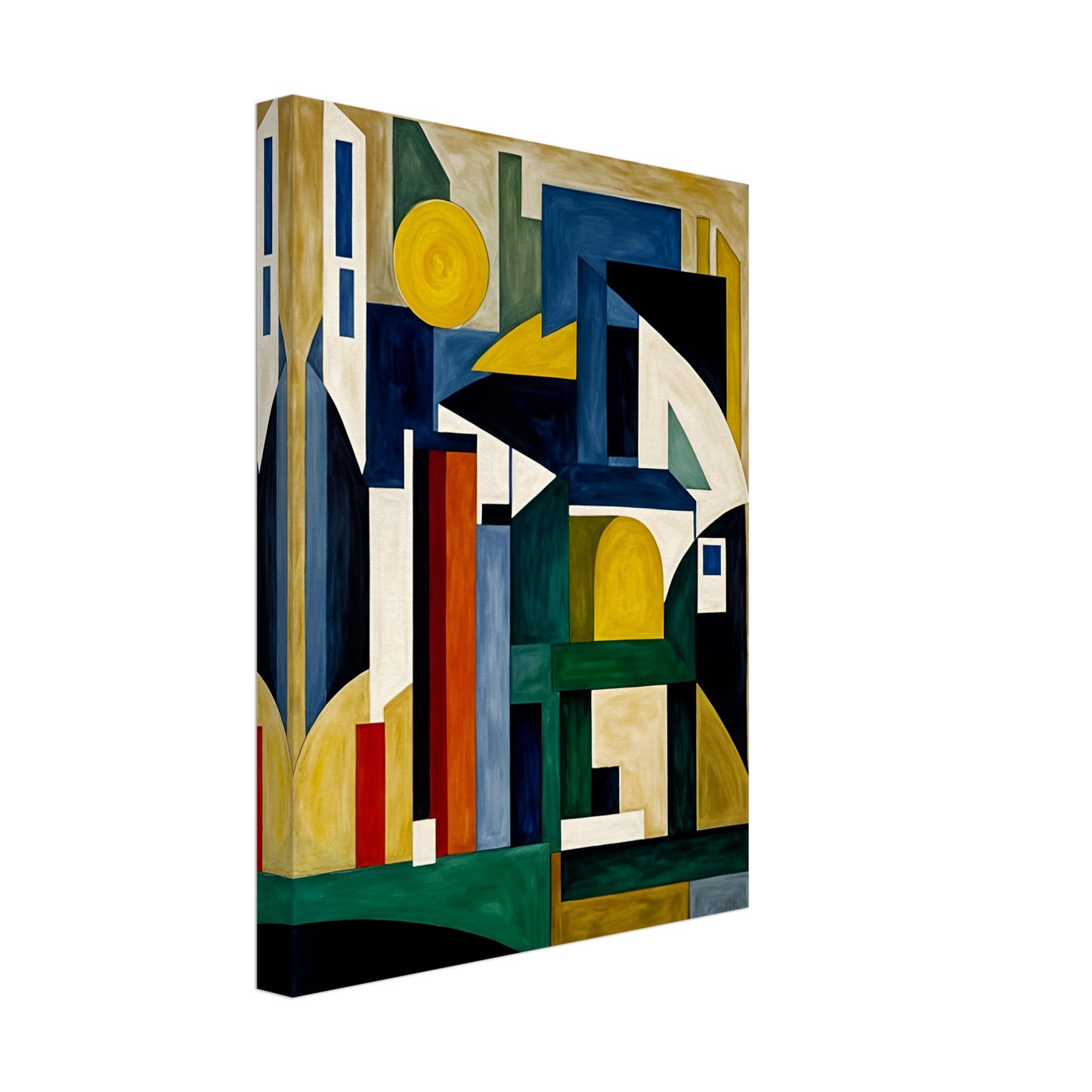 A bold geometric painting with angular shapes in deep greens, blues, yellows, and whites, resembling an abstract cityscape or architectural forms.