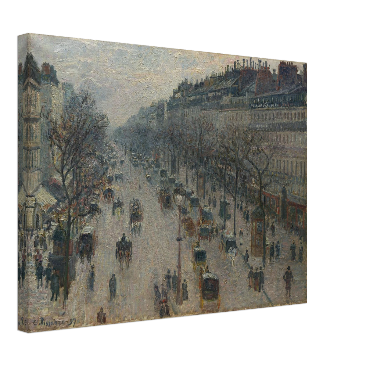 A busy Paris boulevard with carriages, figures, bare trees, and gray winter light.