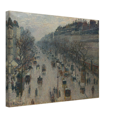 A busy Paris boulevard with carriages, figures, bare trees, and gray winter light.